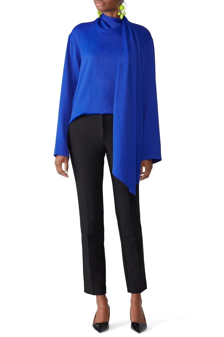 JOSEPH Women's Royal Blue High Neck Attached Scarf Cannon Glazed Top Size 38